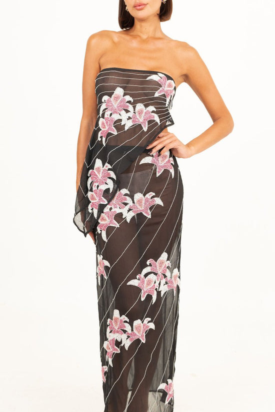 Sasha Floral Embellished Georgette Classic Black & Pink Top - Oceanus Swimwear