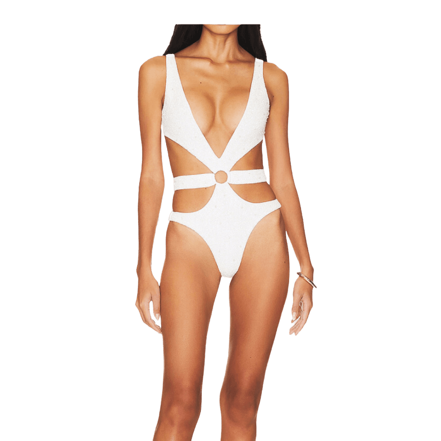 A women wearing Carlotta Halterneck Premium Swimsuit in white